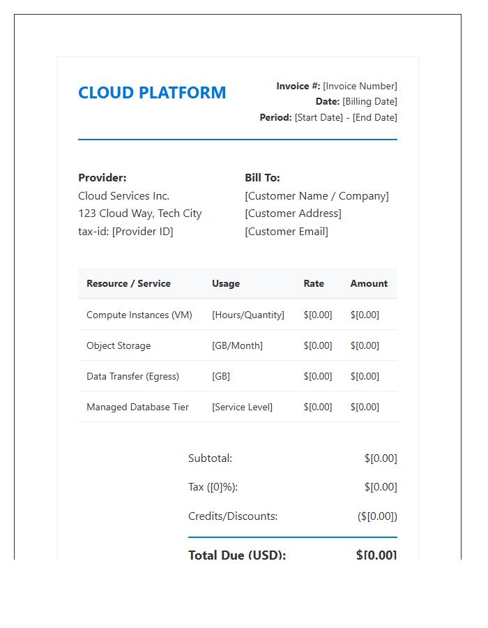 Cloud Platform Subscription Invoice Template