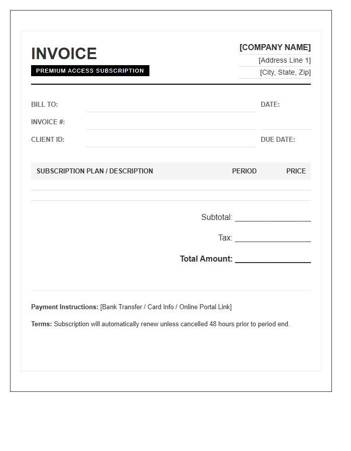 Premium Access Subscription Invoice Template