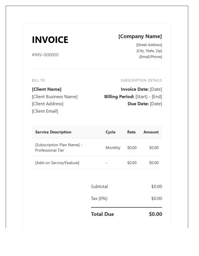 Professional Service Subscription Invoice Template