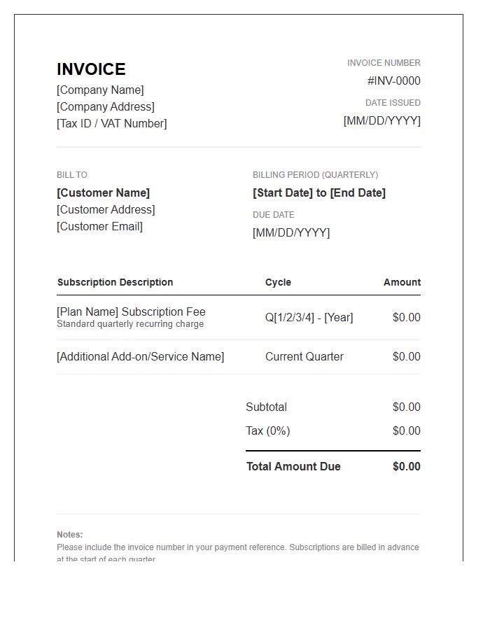 Quarterly Billing Subscription Invoice Template