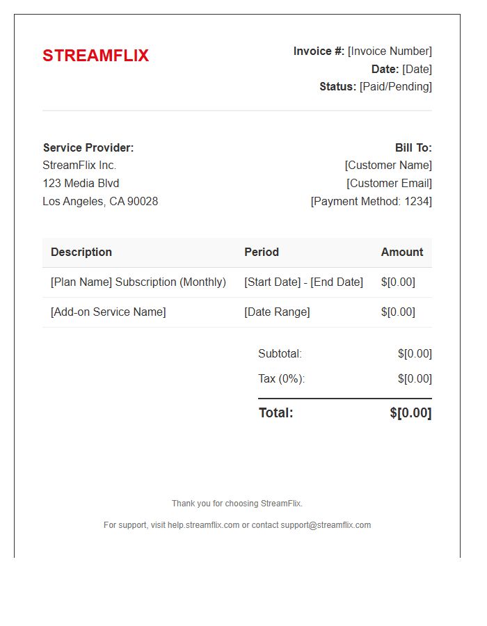 Streaming Service Subscription Invoice Template