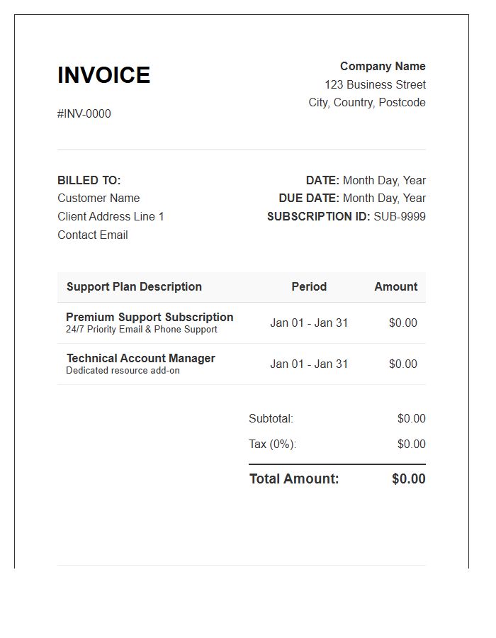 Support Plan Subscription Invoice Template