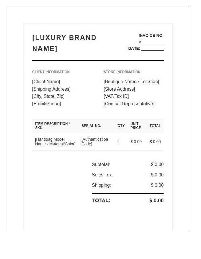 Designer Handbag Purchase Invoice Template