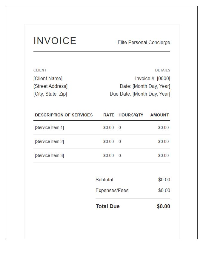 Elite Personal Concierge Invoice Template