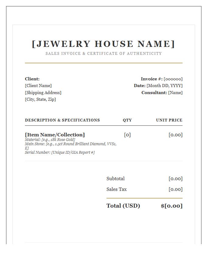 High End Jewelry Purchase Invoice Template