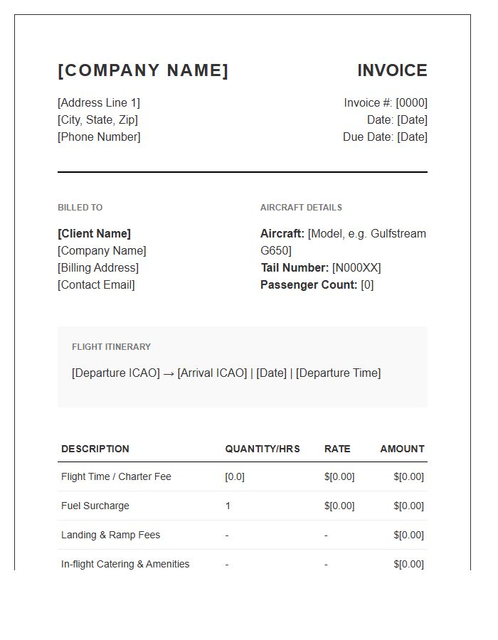 Private Jet Charter Service Invoice Template