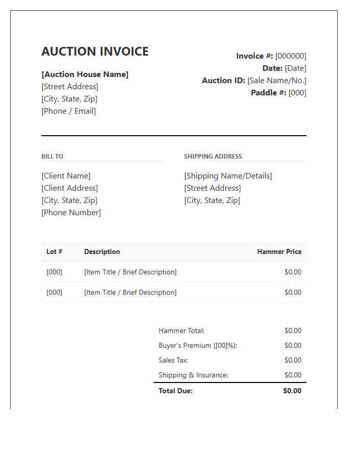 Professional Auction House Invoice Template