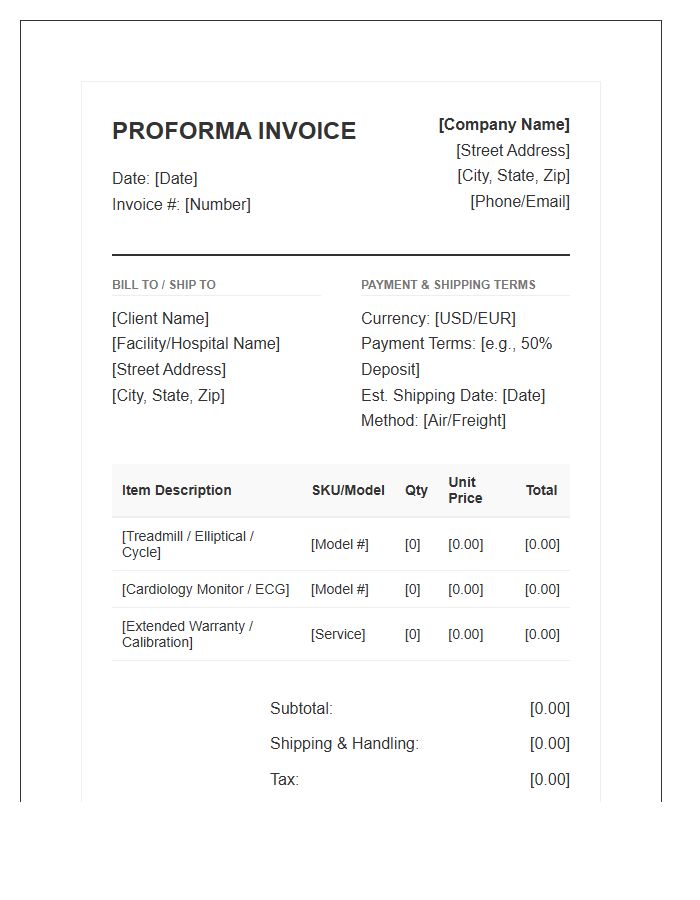 Cardiovascular Equipment Proforma Invoice Template