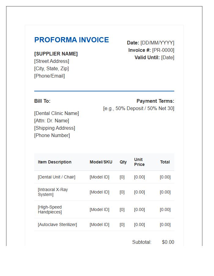 Dental Clinic Equipment Proforma Invoice Template