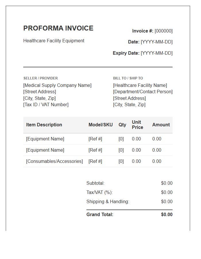 Healthcare Facility Equipment Proforma Invoice Template