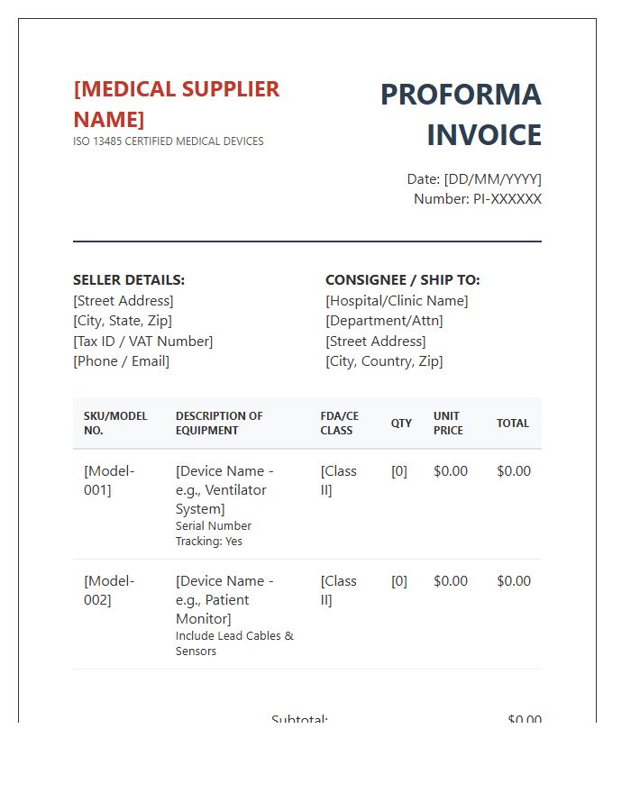 Hospital Grade Medical Equipment Proforma Invoice Template