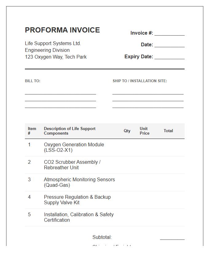 Life Support System Proforma Invoice Template