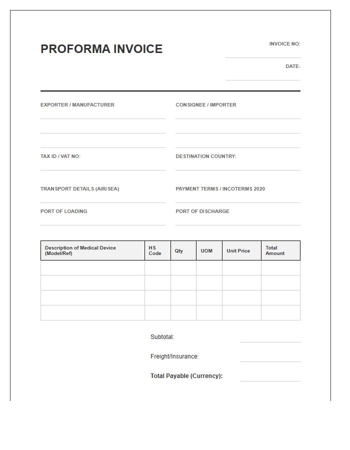 Medical Device Export Proforma Invoice Template