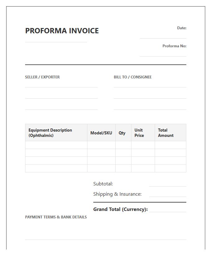 Ophthalmic Equipment Proforma Invoice Template