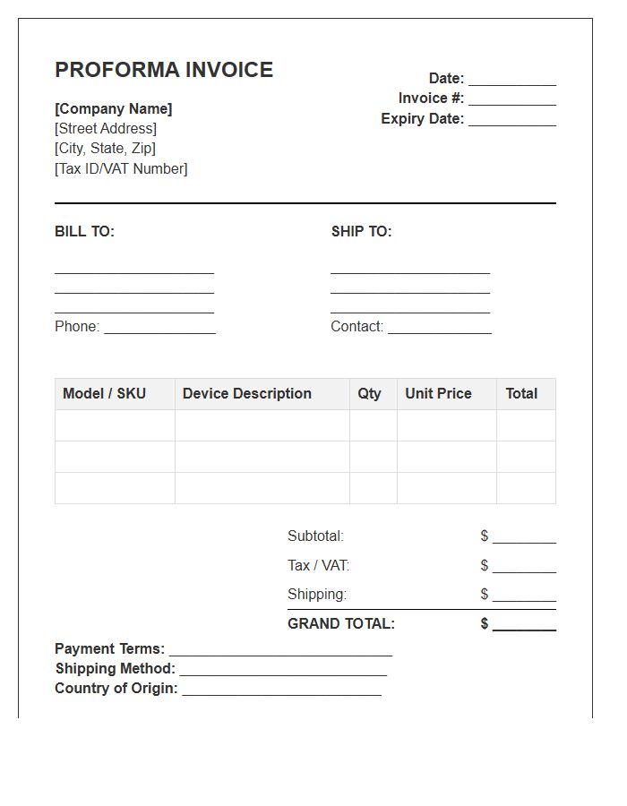 Portable Medical Device Proforma Invoice Template