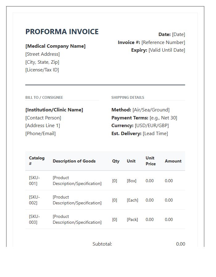 Professional Medical Supplies Proforma Invoice Template