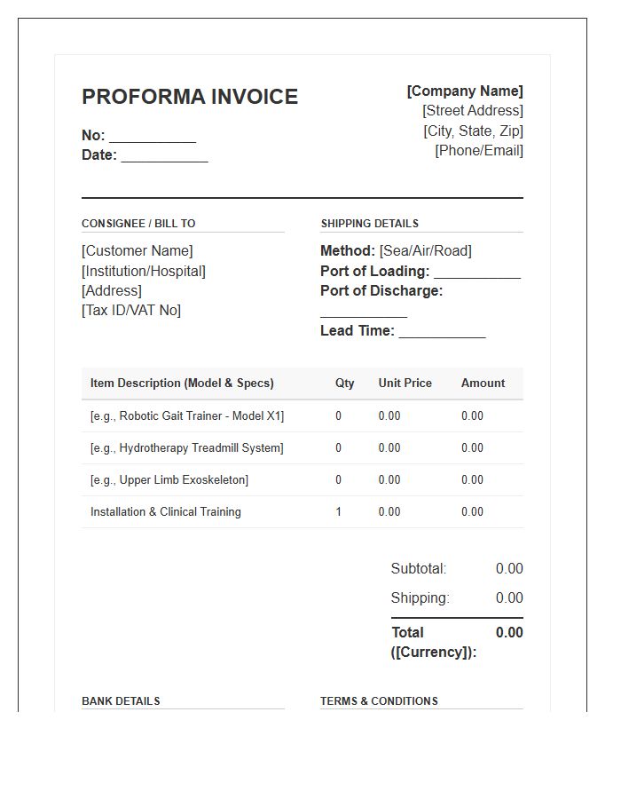 Rehabilitation Machinery Proforma Invoice Template
