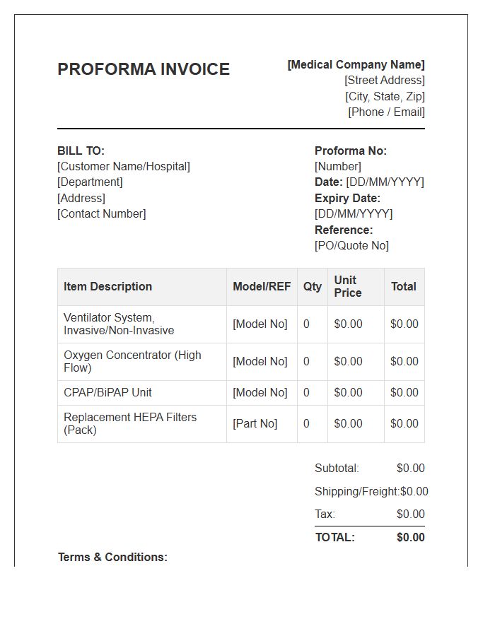 Respiratory Equipment Proforma Invoice Template