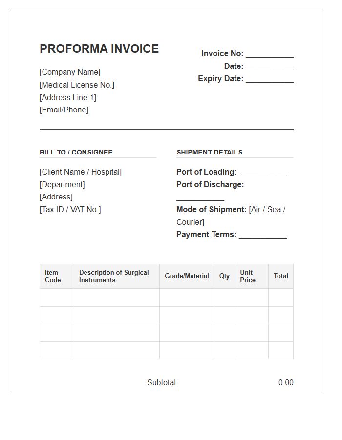 Surgical Instruments Proforma Invoice Template