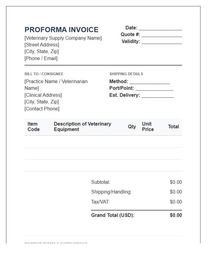 Veterinary Medical Equipment Proforma Invoice Template