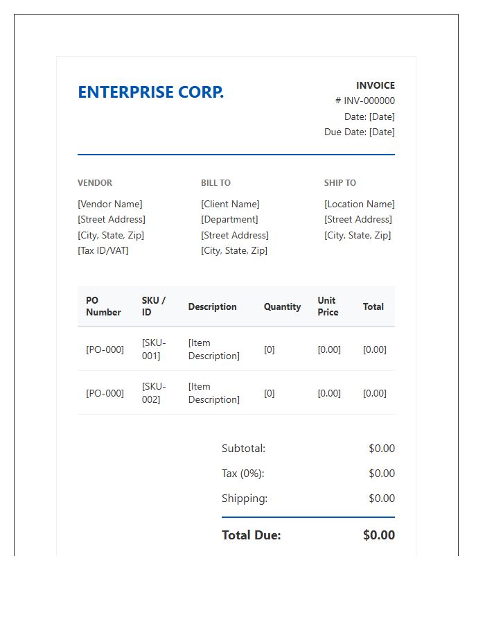 Corporate Enterprise Purchase Invoice Template