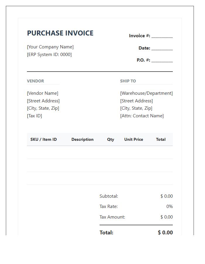 Enterprise Resource Planning Purchase Invoice Template