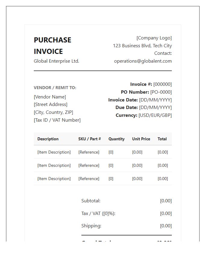 Global Enterprise Purchase Invoice Template