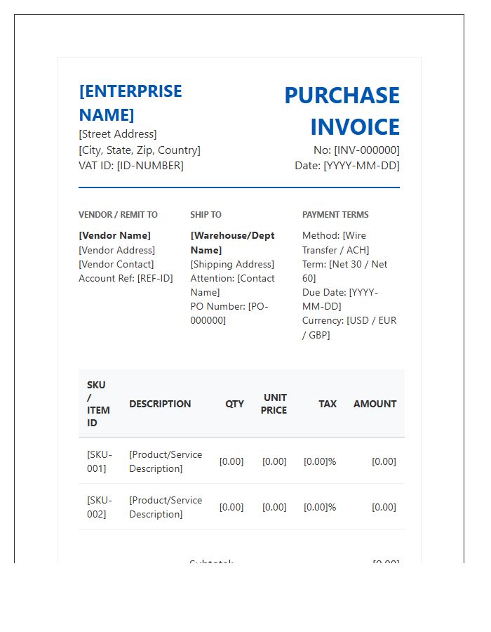 High Volume Enterprise Purchase Invoice Template