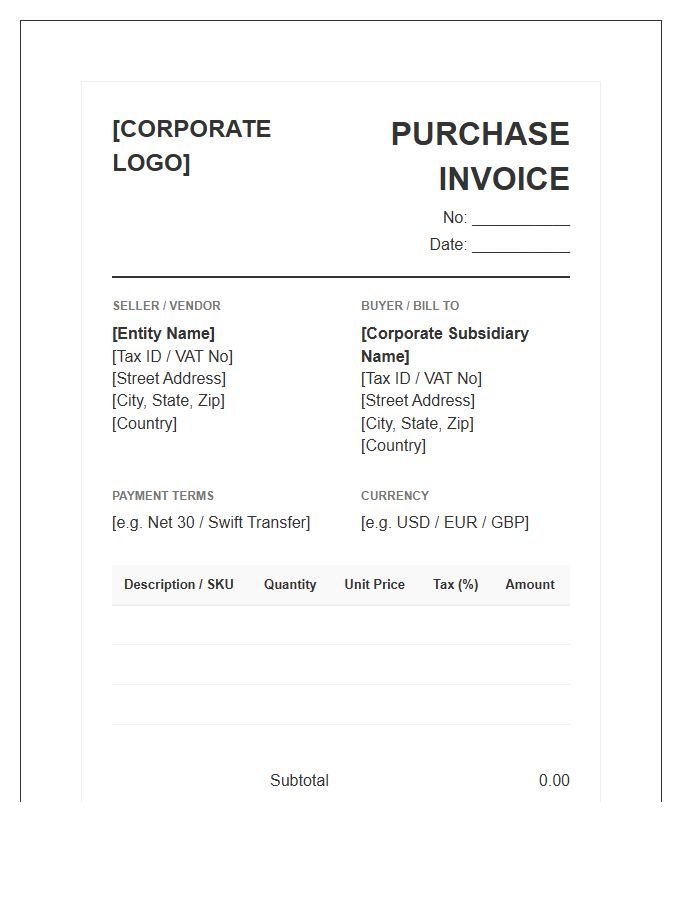 Multinational Corporate Purchase Invoice Template