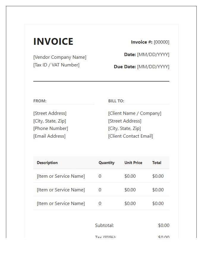 Professional Vendor Purchase Invoice Template