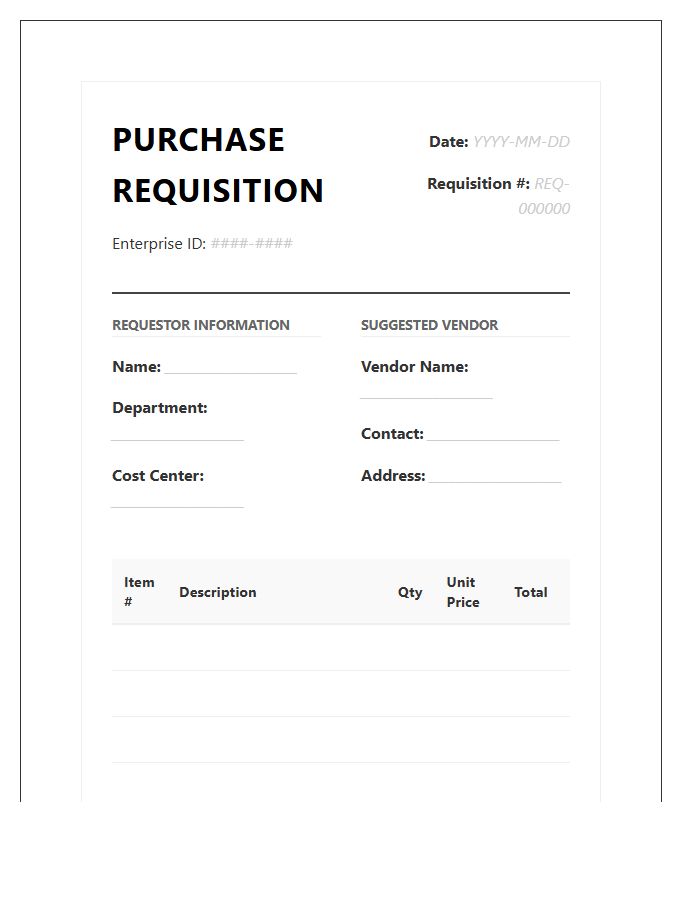Standard Enterprise Purchase Requisition Invoice Template
