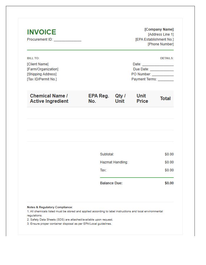 Agricultural Chemical Procurement Invoice Template