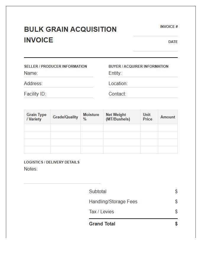 Bulk Grain Acquisition Invoice Template