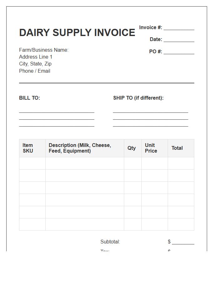 Dairy Supply Order Invoice Template