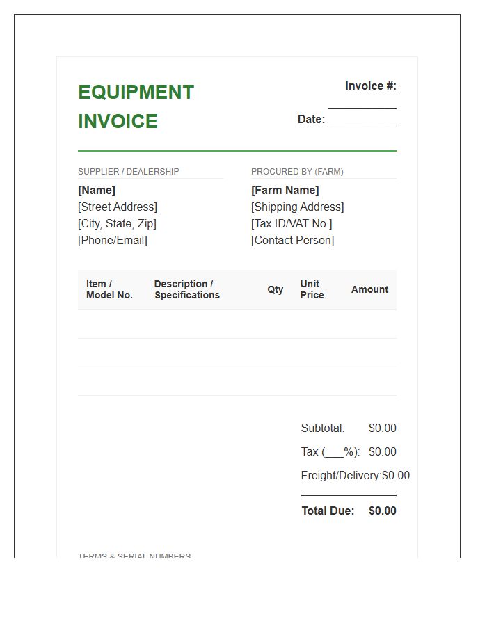 Farm Equipment Procurement Invoice Template
