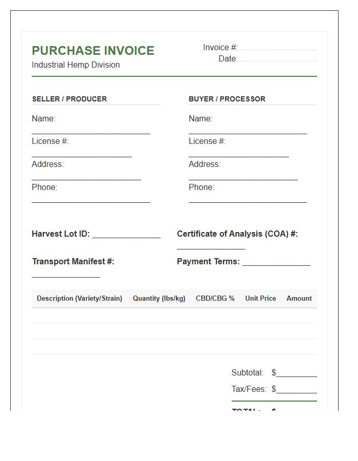Industrial Hemp Purchase Invoice Template