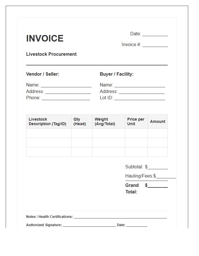 Livestock Procurement Billing Invoice Template