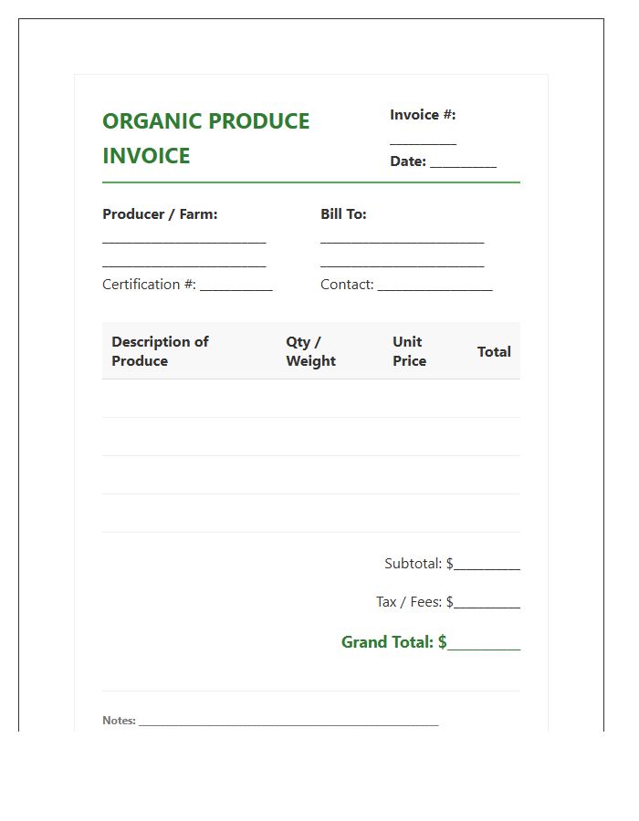 Organic Produce Purchase Invoice Template