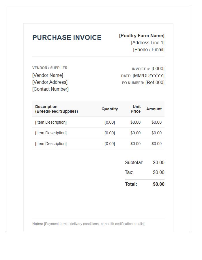 Poultry Farm Purchase Invoice Template