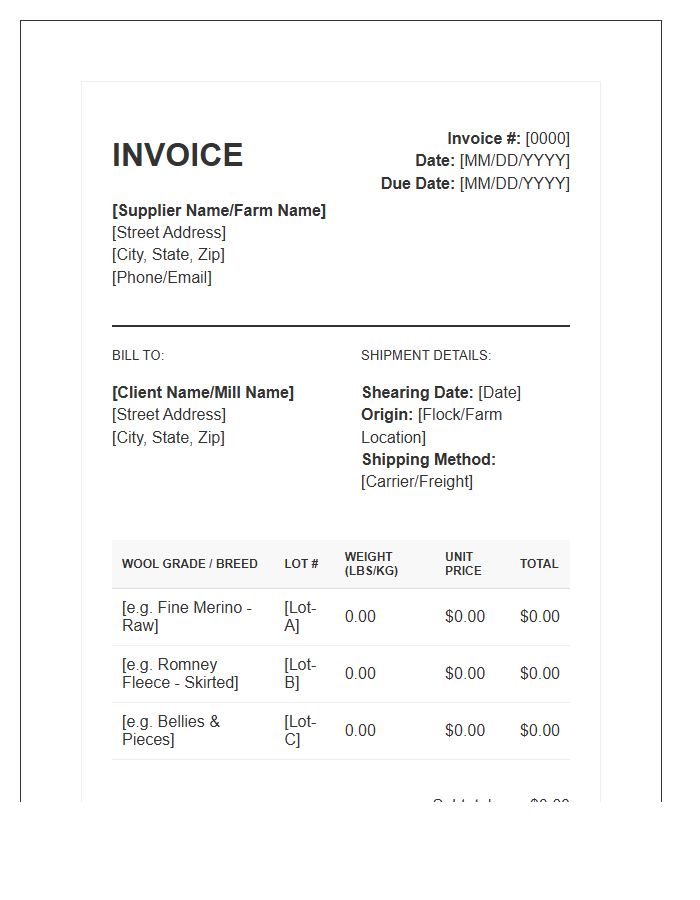 Raw Wool Supply Invoice Template