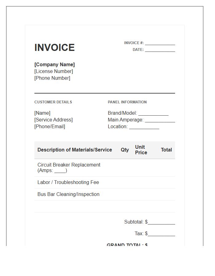 Home Circuit Breaker Replacement Invoice Template
