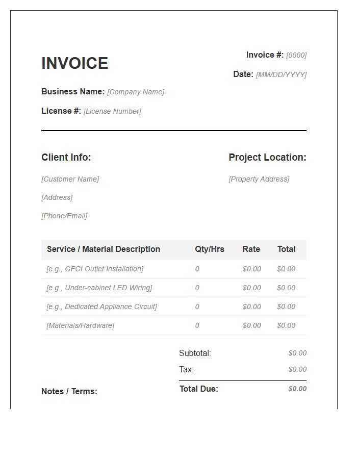 Kitchen Electrical Remodeling Service Invoice Template