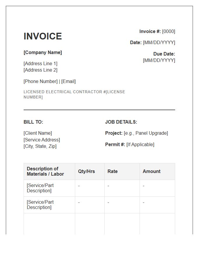Licensed Residential Electrician Service Invoice Template