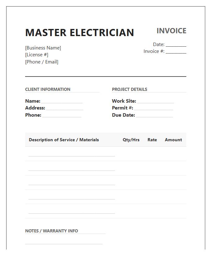 Master Electrician Residential Work Invoice Template