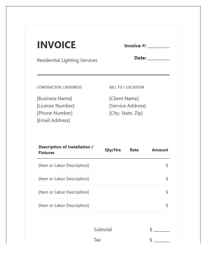Residential Interior Lighting Installation Invoice Template