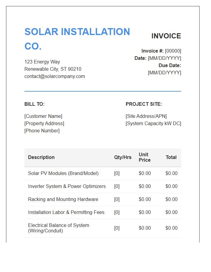 Residential Solar Panel System Invoice Template