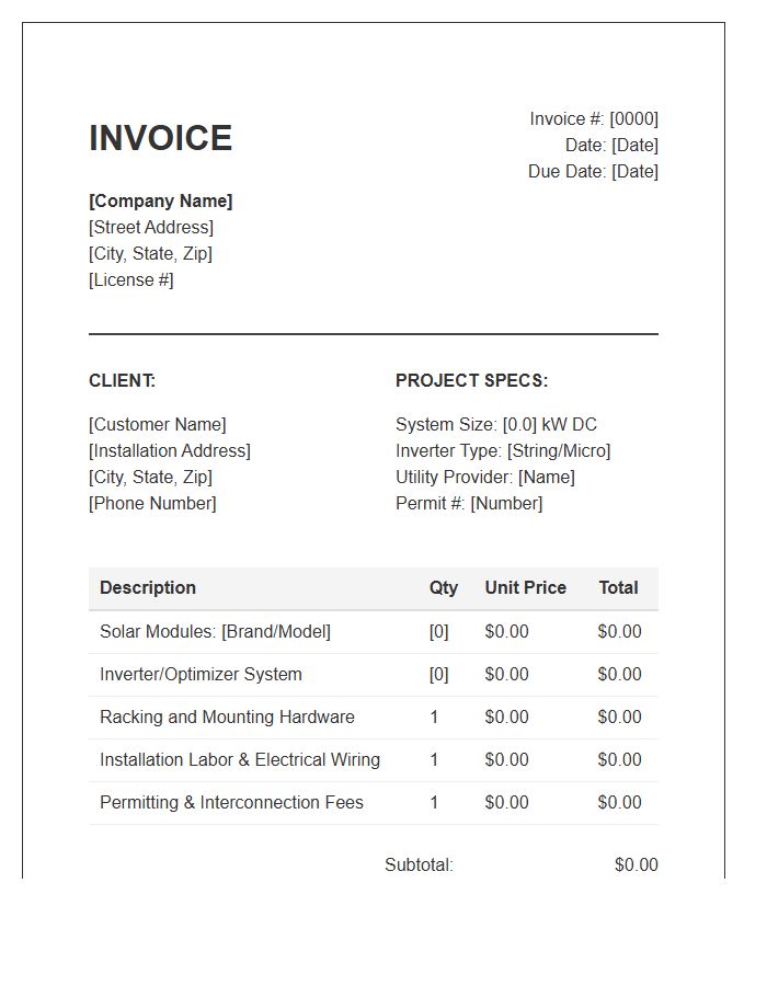 Grid-Tied Solar Panel Installation Invoice Template
