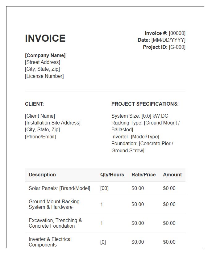Ground Mounted Solar Panel Installation Invoice Template