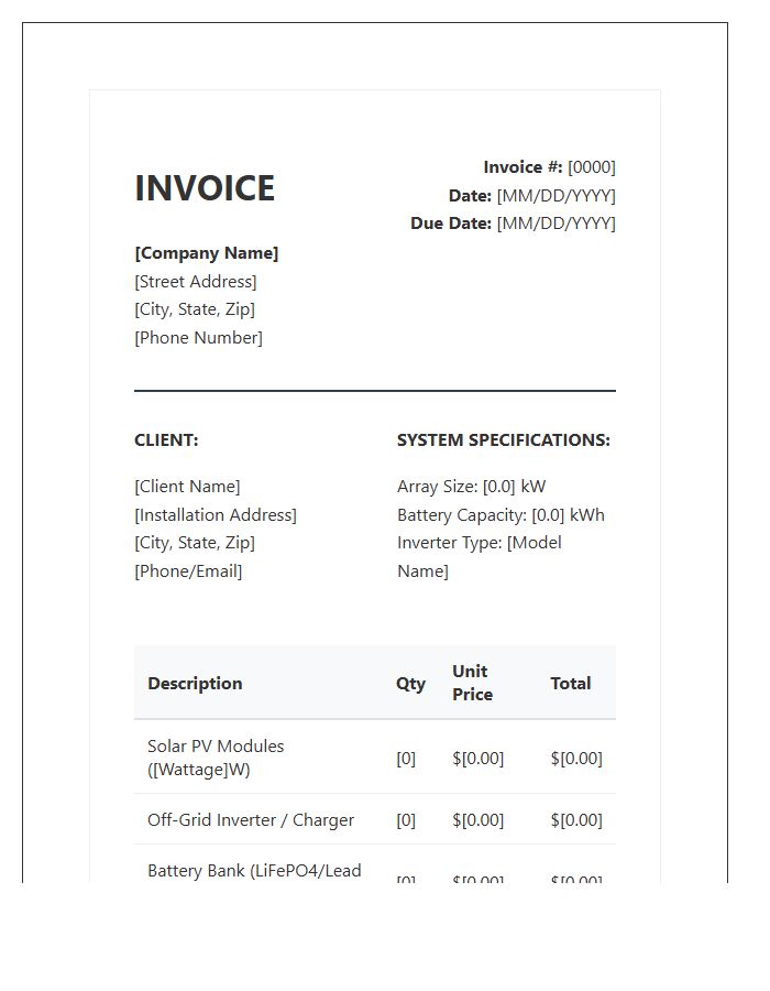 Off-Grid Solar System Installation Invoice Template
