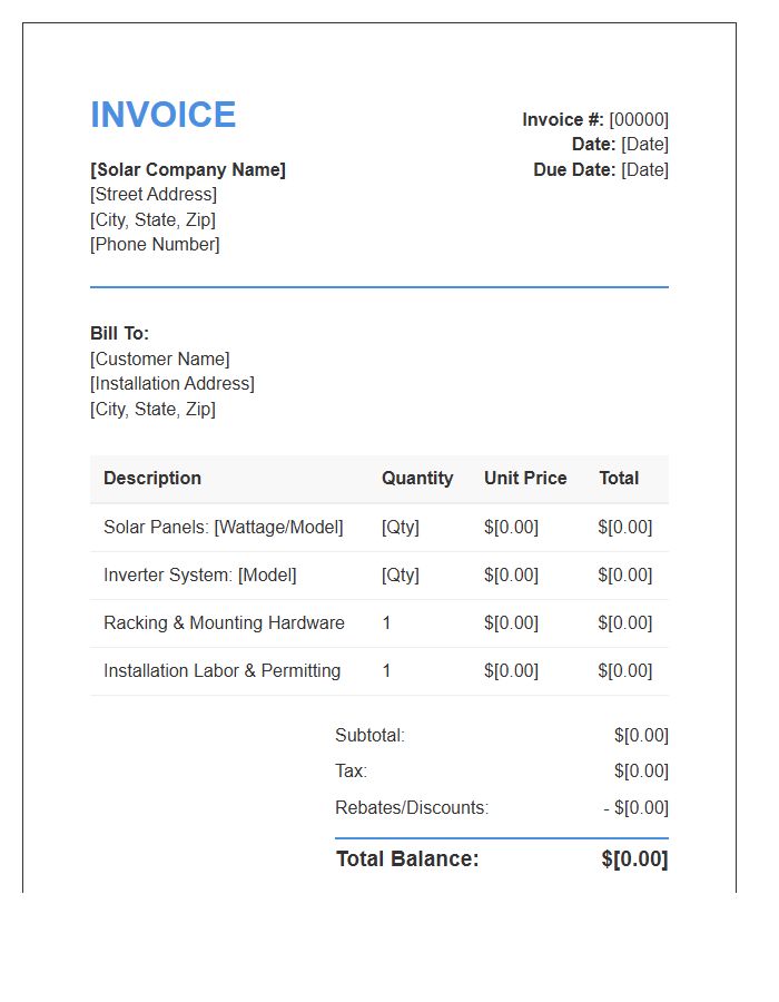 Residential Solar Panel Installation Invoice Template